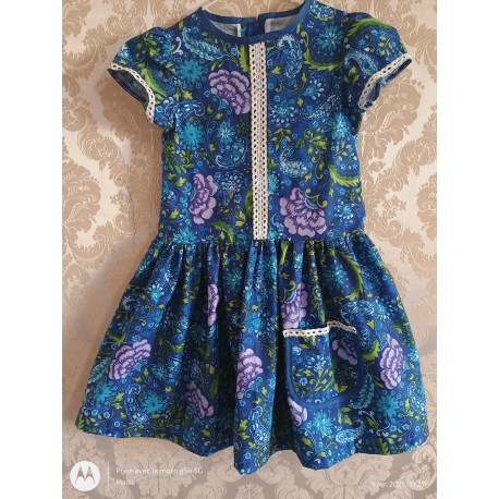 Robe bleue à fleurs avec manche - 4 ans